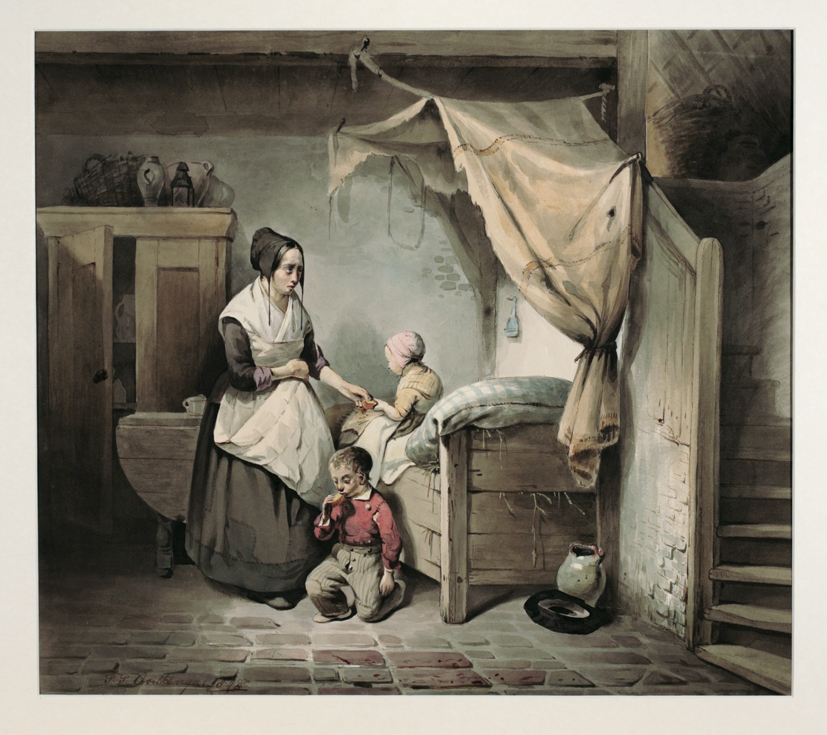 Een binnenvertrek, waarin eene Moeder de laatste bete broods aan hare beide kinderen geeft